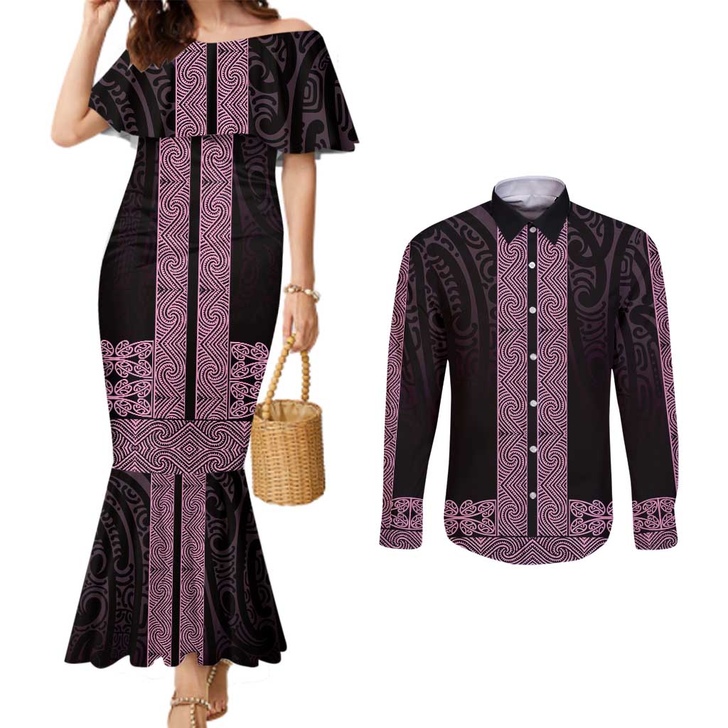 New Zealand Maori Kowhaiwhai Couples Matching Mermaid Dress and Long Sleeve Button Shirt Mawhero Maui and Mangopare
