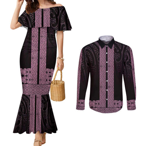 New Zealand Maori Kowhaiwhai Couples Matching Mermaid Dress and Long Sleeve Button Shirt Mawhero Maui and Mangopare
