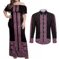 New Zealand Maori Kowhaiwhai Couples Matching Off Shoulder Maxi Dress and Long Sleeve Button Shirt Mawhero Maui and Mangopare