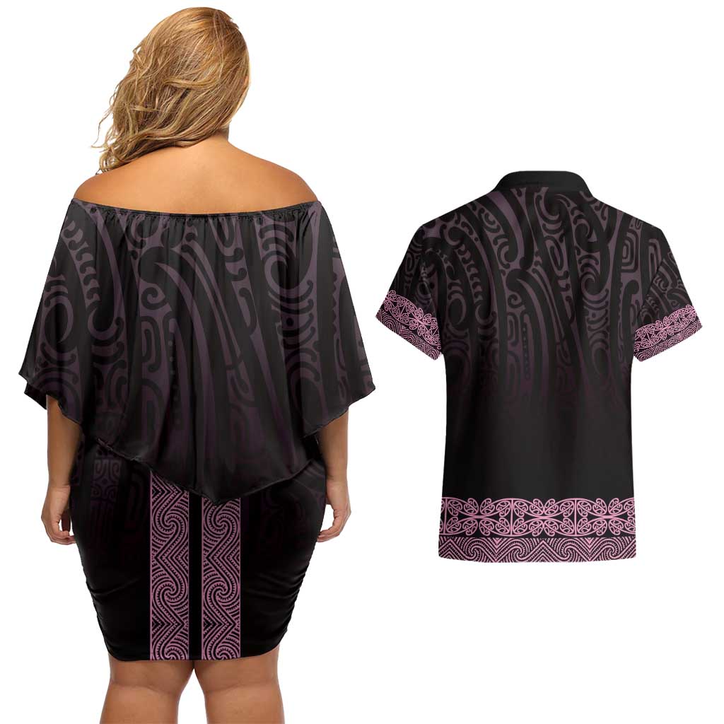 New Zealand Maori Kowhaiwhai Couples Matching Off Shoulder Short Dress and Hawaiian Shirt Mawhero Maui and Mangopare