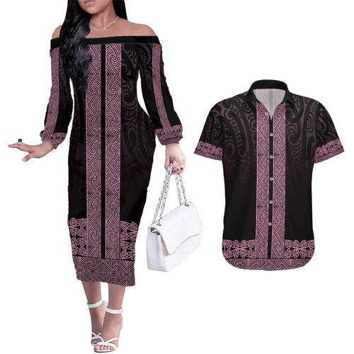 New Zealand Maori Kowhaiwhai Couples Matching Off The Shoulder Long Sleeve Dress and Hawaiian Shirt Mawhero Maui and Mangopare