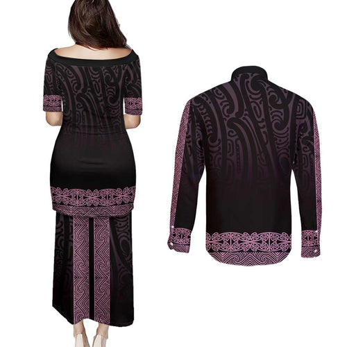 New Zealand Maori Kowhaiwhai Couples Matching Puletasi and Long Sleeve Button Shirt Mawhero Maui and Mangopare