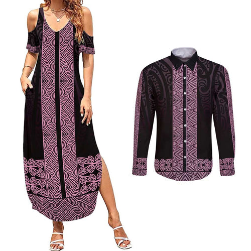 New Zealand Maori Kowhaiwhai Couples Matching Summer Maxi Dress and Long Sleeve Button Shirt Mawhero Maui and Mangopare