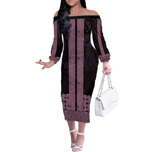 New Zealand Maori Kowhaiwhai Family Matching Off The Shoulder Long Sleeve Dress and Hawaiian Shirt Mawhero Maui and Mangopare