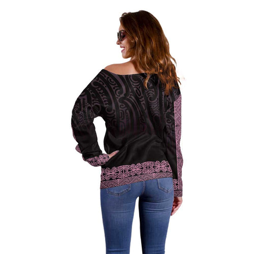 New Zealand Maori Kowhaiwhai Off Shoulder Sweater Mawhero Maui and Mangopare