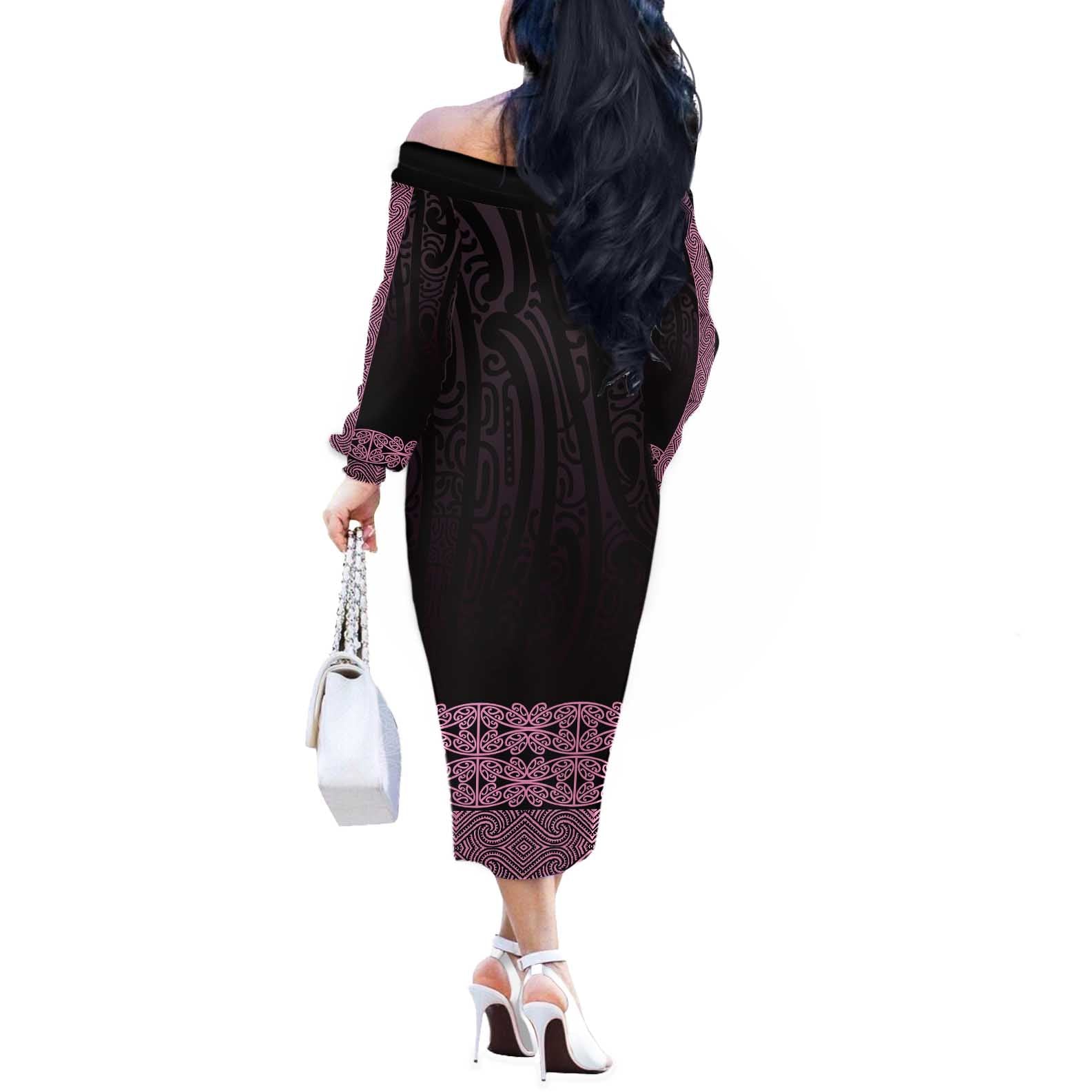 New Zealand Maori Kowhaiwhai Off The Shoulder Long Sleeve Dress Mawhero Maui and Mangopare