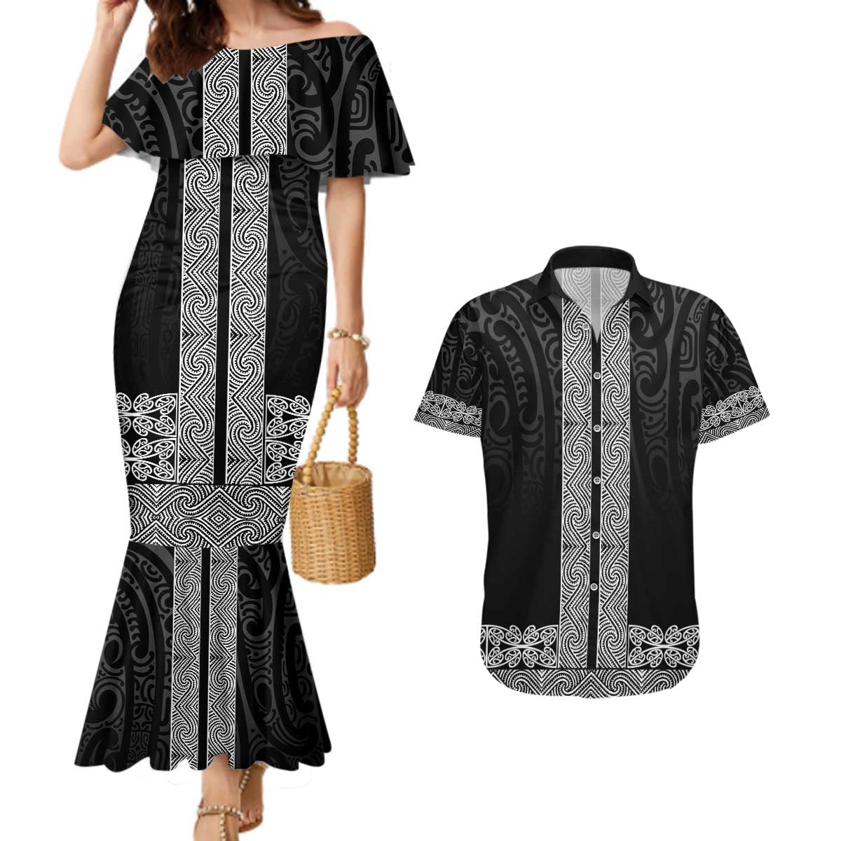 New Zealand Maori Kowhaiwhai Couples Matching Mermaid Dress and Hawaiian Shirt Pango Maui and Mangopare