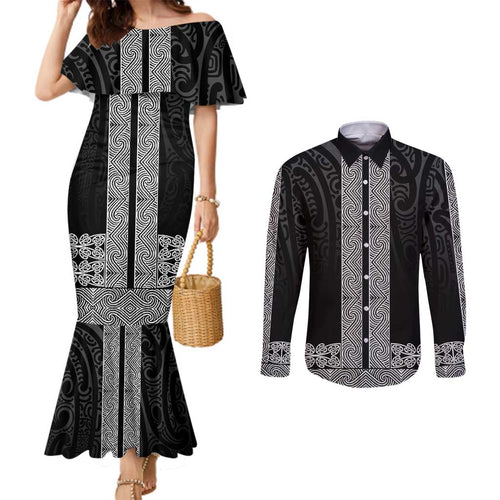 New Zealand Maori Kowhaiwhai Couples Matching Mermaid Dress and Long Sleeve Button Shirt Pango Maui and Mangopare