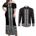 New Zealand Maori Kowhaiwhai Couples Matching Off Shoulder Maxi Dress and Long Sleeve Button Shirt Pango Maui and Mangopare