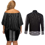 New Zealand Maori Kowhaiwhai Couples Matching Off Shoulder Short Dress and Long Sleeve Button Shirt Pango Maui and Mangopare