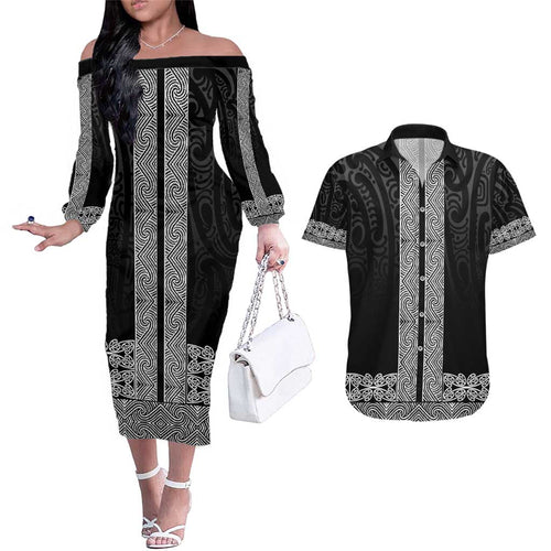 New Zealand Maori Kowhaiwhai Couples Matching Off The Shoulder Long Sleeve Dress and Hawaiian Shirt Pango Maui and Mangopare