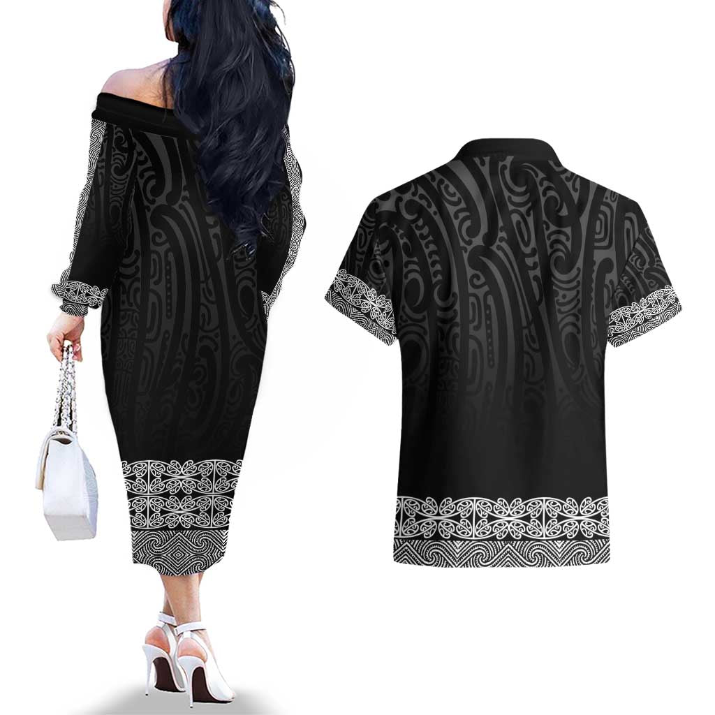 New Zealand Maori Kowhaiwhai Couples Matching Off The Shoulder Long Sleeve Dress and Hawaiian Shirt Pango Maui and Mangopare