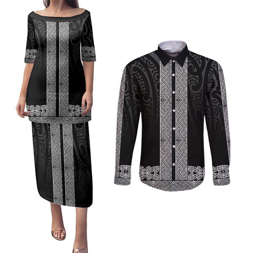 New Zealand Maori Kowhaiwhai Couples Matching Puletasi and Long Sleeve Button Shirt Pango Maui and Mangopare