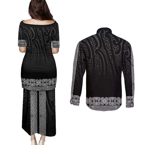 New Zealand Maori Kowhaiwhai Couples Matching Puletasi and Long Sleeve Button Shirt Pango Maui and Mangopare