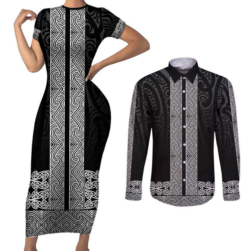 New Zealand Maori Kowhaiwhai Couples Matching Short Sleeve Bodycon Dress and Long Sleeve Button Shirt Pango Maui and Mangopare
