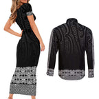 New Zealand Maori Kowhaiwhai Couples Matching Short Sleeve Bodycon Dress and Long Sleeve Button Shirt Pango Maui and Mangopare