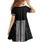 New Zealand Maori Kowhaiwhai Family Matching Off Shoulder Short Dress and Hawaiian Shirt Pango Maui and Mangopare
