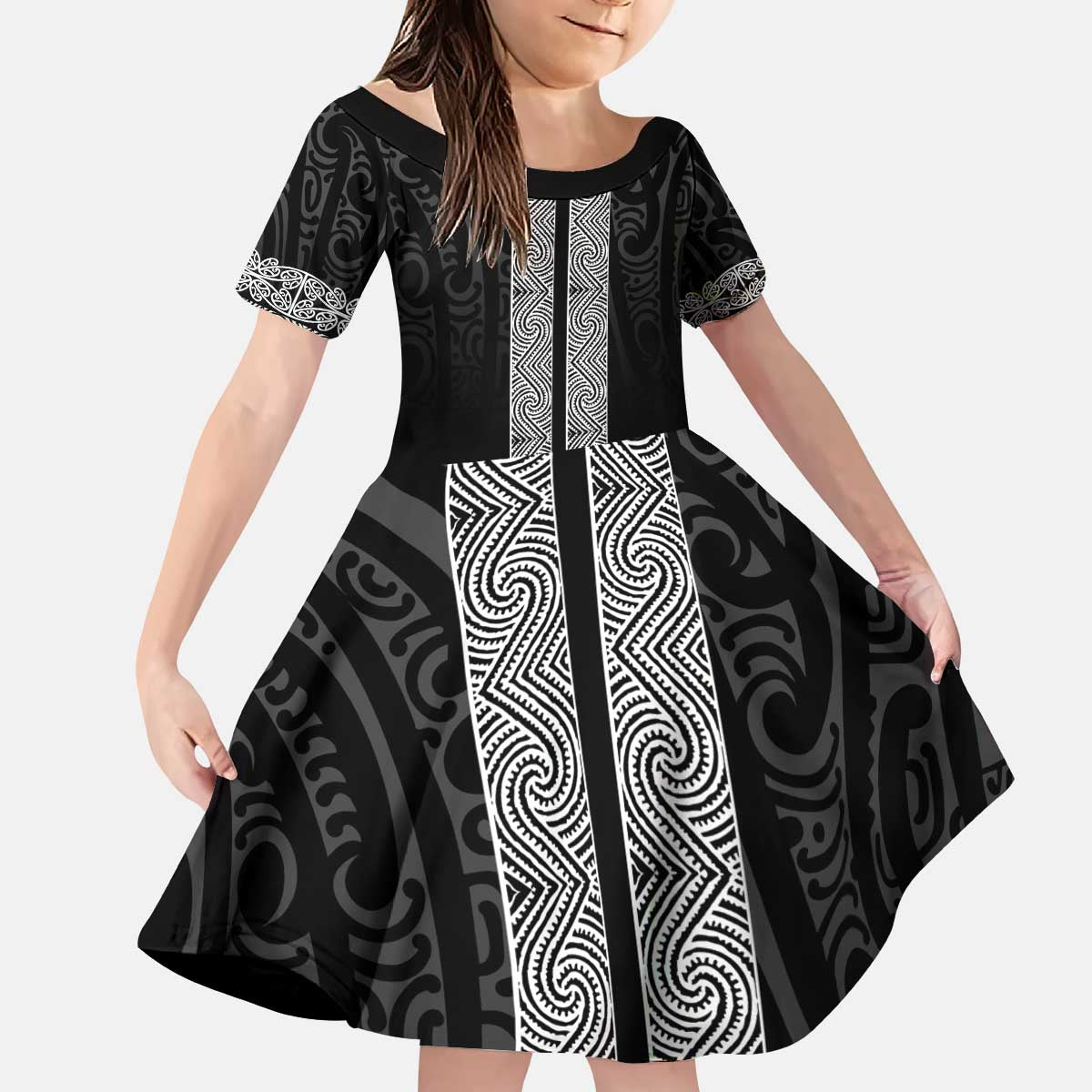 New Zealand Maori Kowhaiwhai Kid Short Sleeve Dress Pango Maui and Mangopare