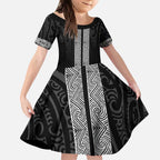 New Zealand Maori Kowhaiwhai Kid Short Sleeve Dress Pango Maui and Mangopare