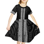 New Zealand Maori Kowhaiwhai Kid Short Sleeve Dress Pango Maui and Mangopare