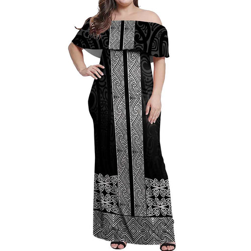 New Zealand Maori Kowhaiwhai Off Shoulder Maxi Dress Pango Maui and Mangopare