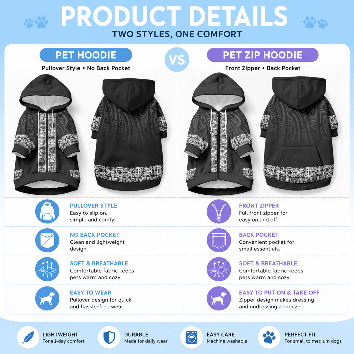 New Zealand Maori Kowhaiwhai Pet Hoodie Pango Maui and Mangopare