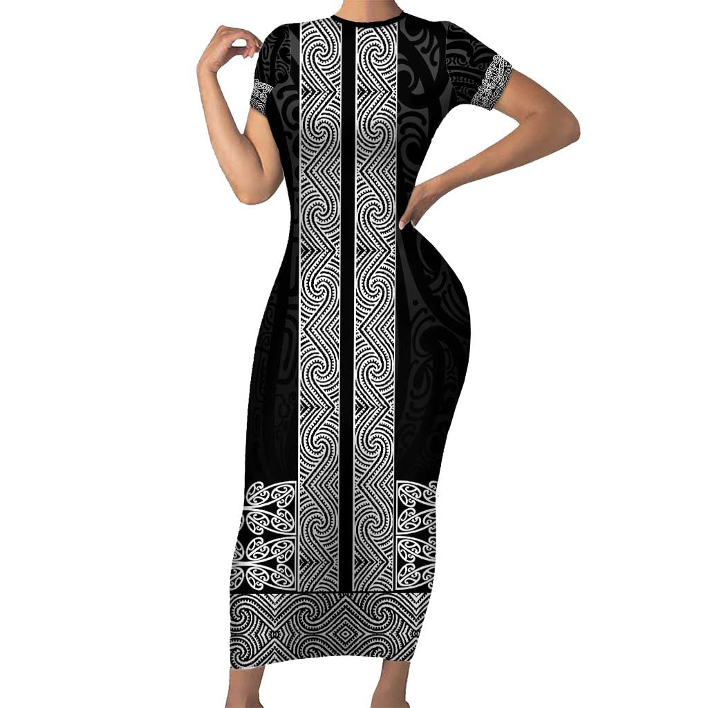 New Zealand Maori Kowhaiwhai Short Sleeve Bodycon Dress Pango Maui and Mangopare