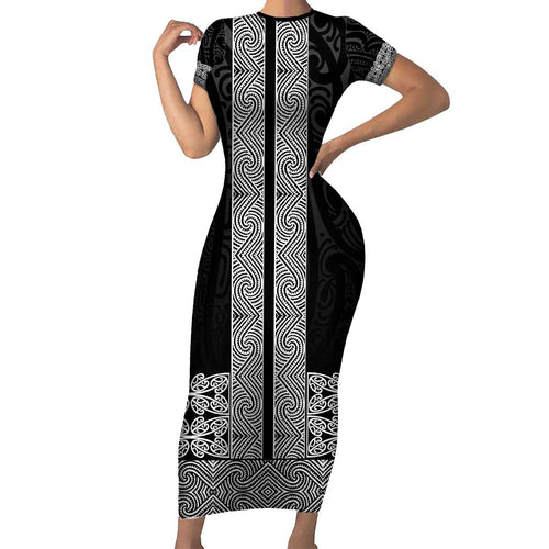 New Zealand Maori Kowhaiwhai Short Sleeve Bodycon Dress Pango Maui and Mangopare