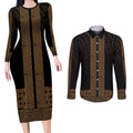 New Zealand Maori Kowhaiwhai Couples Matching Long Sleeve Bodycon Dress and Long Sleeve Button Shirt Parauri Maui and Mangopare