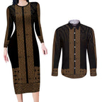 New Zealand Maori Kowhaiwhai Couples Matching Long Sleeve Bodycon Dress and Long Sleeve Button Shirt Parauri Maui and Mangopare