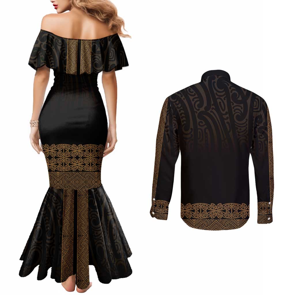 New Zealand Maori Kowhaiwhai Couples Matching Mermaid Dress and Long Sleeve Button Shirt Parauri Maui and Mangopare