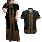 New Zealand Maori Kowhaiwhai Couples Matching Off Shoulder Maxi Dress and Hawaiian Shirt Parauri Maui and Mangopare