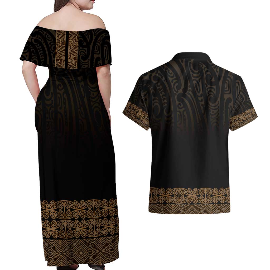 New Zealand Maori Kowhaiwhai Couples Matching Off Shoulder Maxi Dress and Hawaiian Shirt Parauri Maui and Mangopare