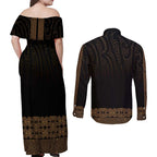 New Zealand Maori Kowhaiwhai Couples Matching Off Shoulder Maxi Dress and Long Sleeve Button Shirt Parauri Maui and Mangopare