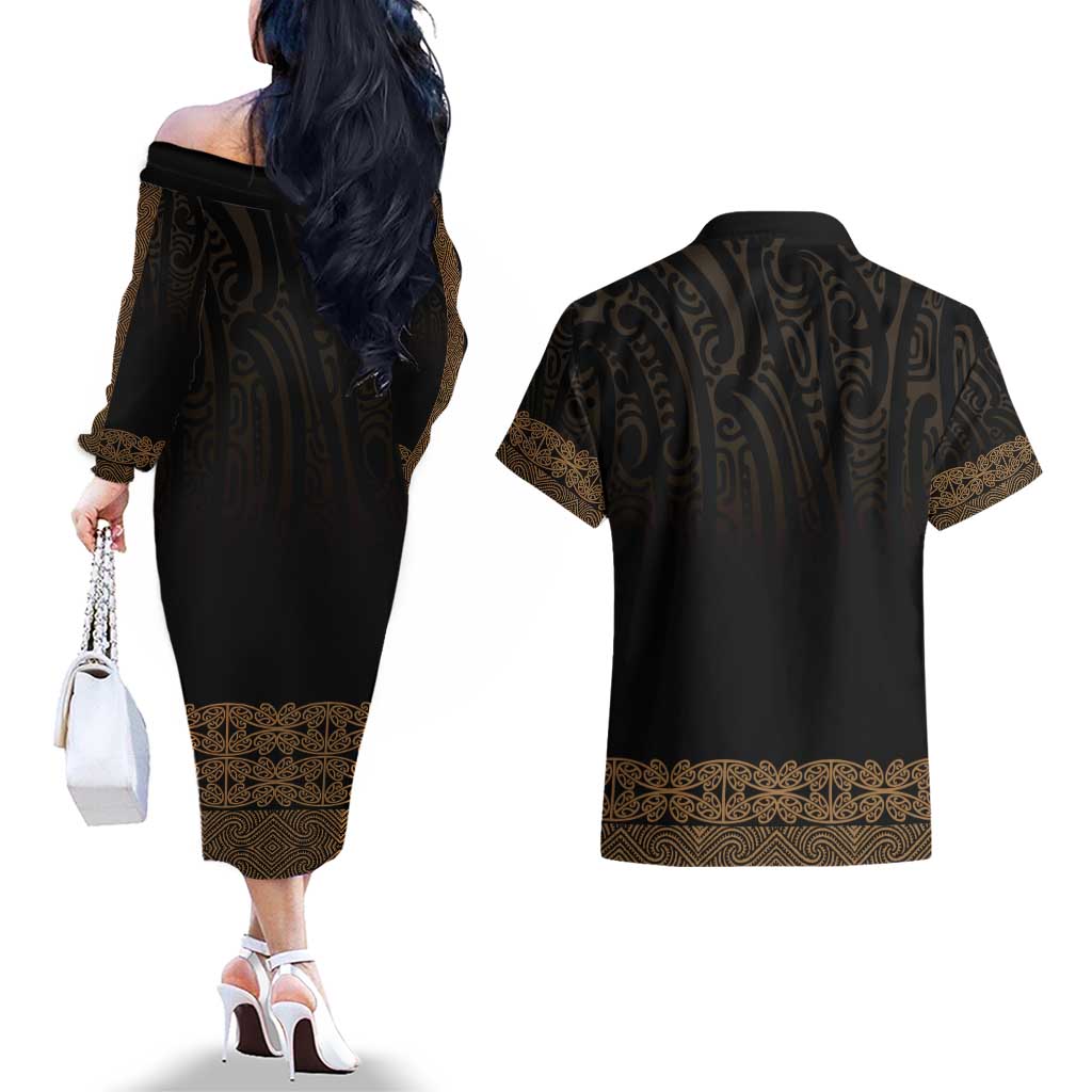 New Zealand Maori Kowhaiwhai Couples Matching Off The Shoulder Long Sleeve Dress and Hawaiian Shirt Parauri Maui and Mangopare