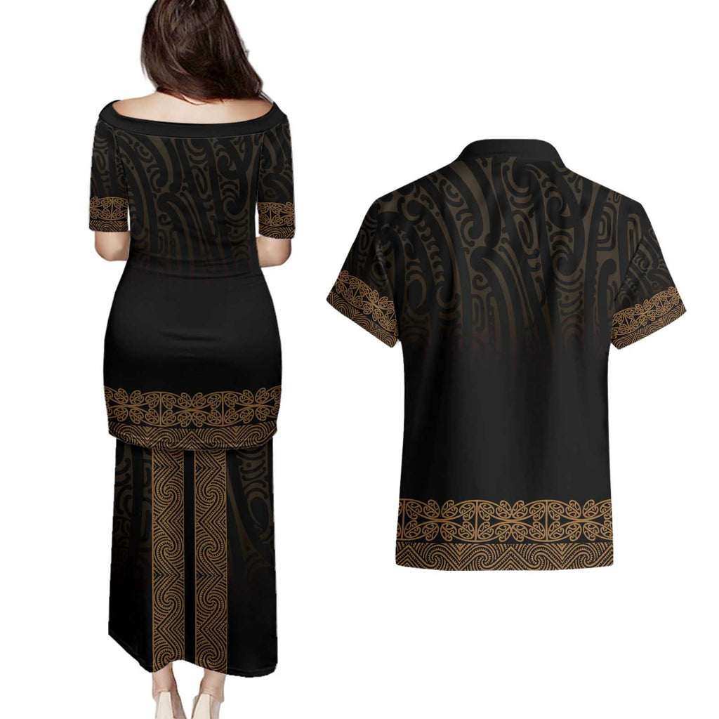 New Zealand Maori Kowhaiwhai Couples Matching Puletasi and Hawaiian Shirt Parauri Maui and Mangopare