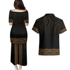 New Zealand Maori Kowhaiwhai Couples Matching Puletasi and Hawaiian Shirt Parauri Maui and Mangopare