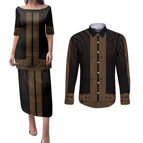 New Zealand Maori Kowhaiwhai Couples Matching Puletasi and Long Sleeve Button Shirt Parauri Maui and Mangopare