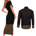 New Zealand Maori Kowhaiwhai Couples Matching Short Sleeve Bodycon Dress and Long Sleeve Button Shirt Parauri Maui and Mangopare