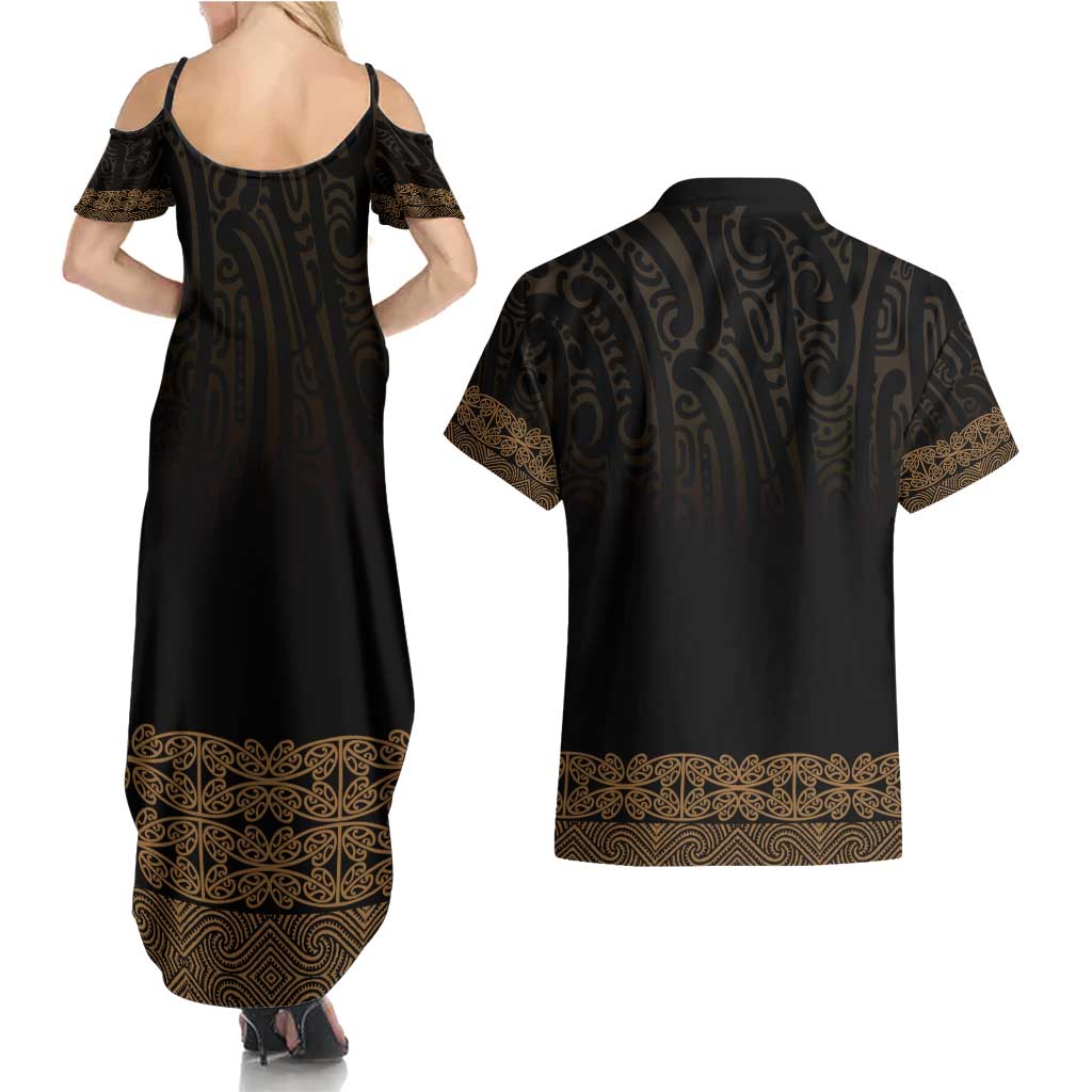 New Zealand Maori Kowhaiwhai Couples Matching Summer Maxi Dress and Hawaiian Shirt Parauri Maui and Mangopare
