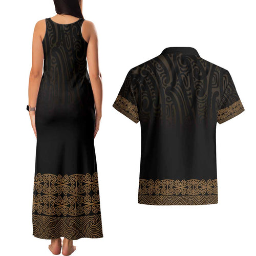 New Zealand Maori Kowhaiwhai Couples Matching Tank Maxi Dress and Hawaiian Shirt Parauri Maui and Mangopare