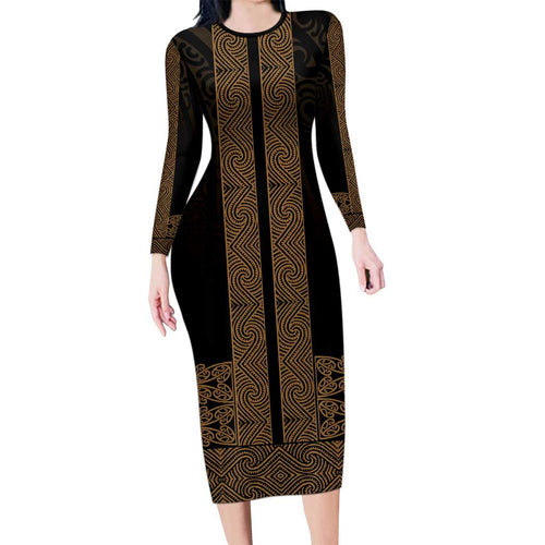 New Zealand Maori Kowhaiwhai Family Matching Long Sleeve Bodycon Dress and Hawaiian Shirt Parauri Maui and Mangopare