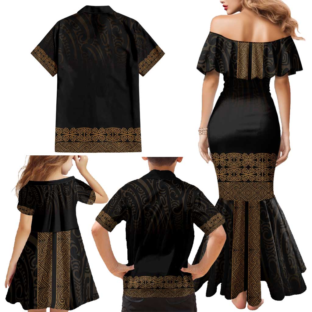 New Zealand Maori Kowhaiwhai Family Matching Mermaid Dress and Hawaiian Shirt Parauri Maui and Mangopare