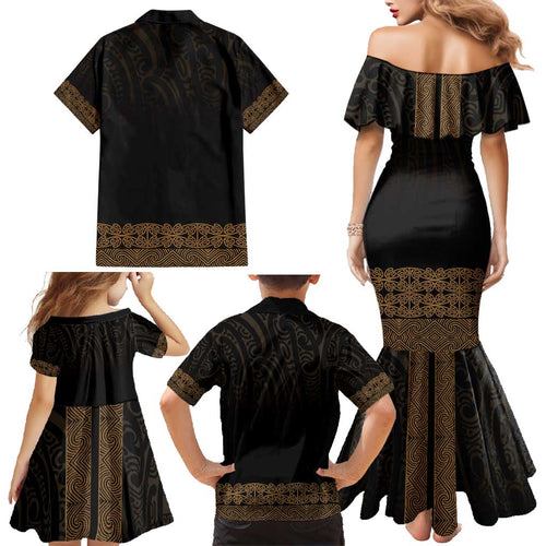 New Zealand Maori Kowhaiwhai Family Matching Mermaid Dress and Hawaiian Shirt Parauri Maui and Mangopare