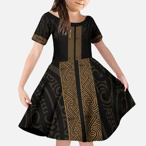 New Zealand Maori Kowhaiwhai Family Matching Off The Shoulder Long Sleeve Dress and Hawaiian Shirt Parauri Maui and Mangopare
