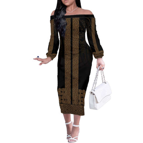 New Zealand Maori Kowhaiwhai Family Matching Off The Shoulder Long Sleeve Dress and Hawaiian Shirt Parauri Maui and Mangopare