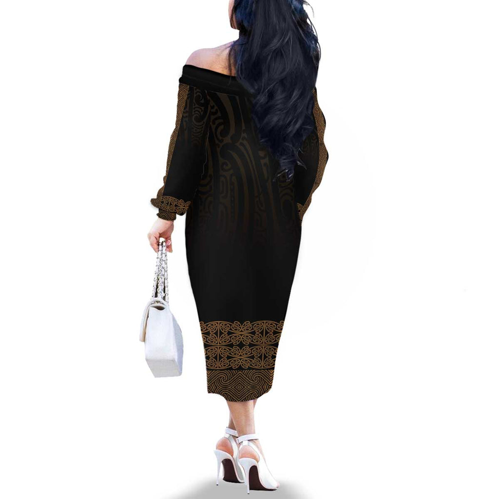 New Zealand Maori Kowhaiwhai Family Matching Off The Shoulder Long Sleeve Dress and Hawaiian Shirt Parauri Maui and Mangopare