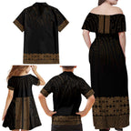 New Zealand Maori Kowhaiwhai Family Matching Off Shoulder Maxi Dress and Hawaiian Shirt Parauri Maui and Mangopare