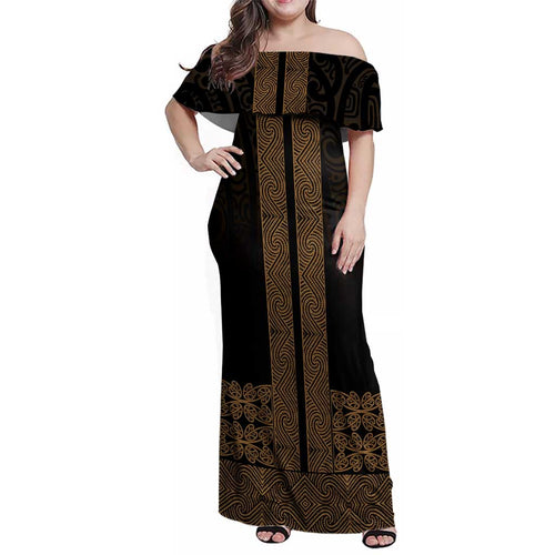 New Zealand Maori Kowhaiwhai Family Matching Off Shoulder Maxi Dress and Hawaiian Shirt Parauri Maui and Mangopare