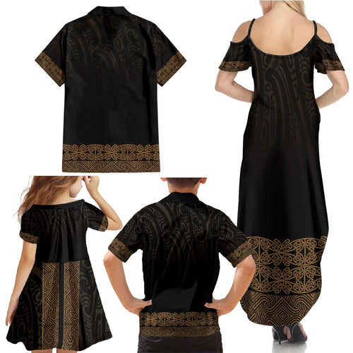 New Zealand Maori Kowhaiwhai Family Matching Summer Maxi Dress and Hawaiian Shirt Parauri Maui and Mangopare